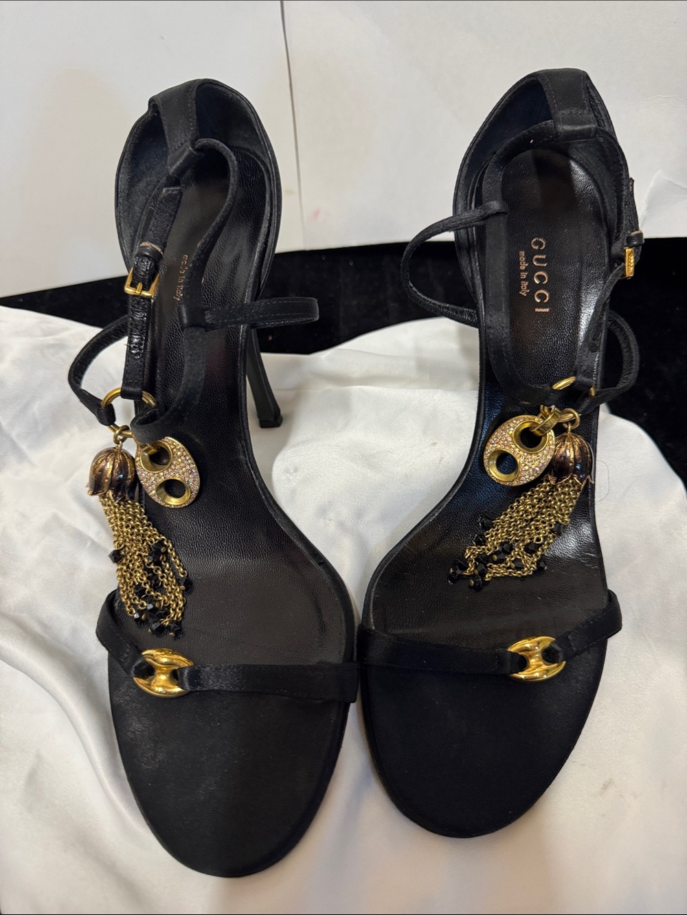 Gucci Black Satin Heeled Sandals with Gold Tassel Chain charm Accents Tom Ford 8